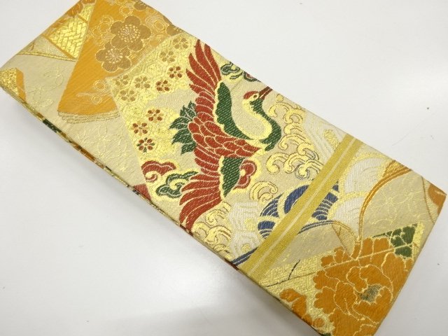 JAPANESE KIMONO / ANTIQUE CRANE / READING BOOK / FLOWER PATTERN WOVEN 